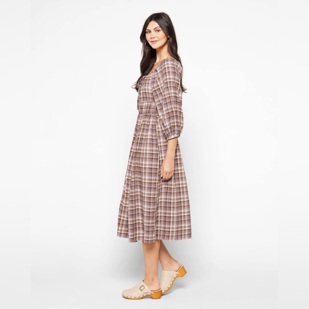 Madewell Gauze Sophia Midi Dress with 3/4‎ Sleeves flannel plaid nh280 - Picture 3 of 15